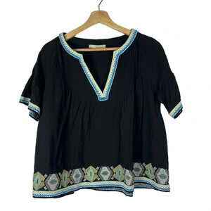 Townsen Black & Blue Embroidered Trim Short Sleeve Blouse S